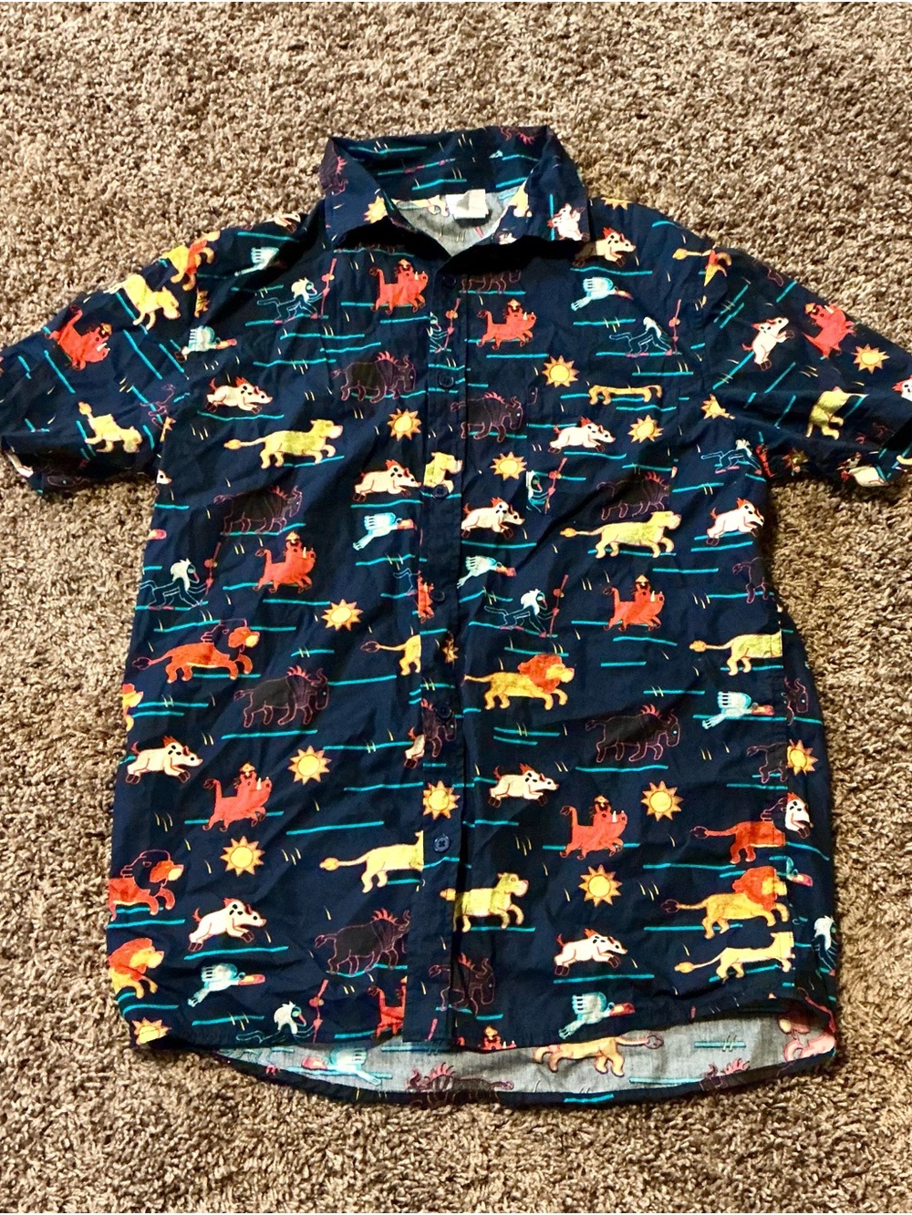 Men’s Medium Lion King Navy Animal Print Short-Sleeve Button-Up Shirt
